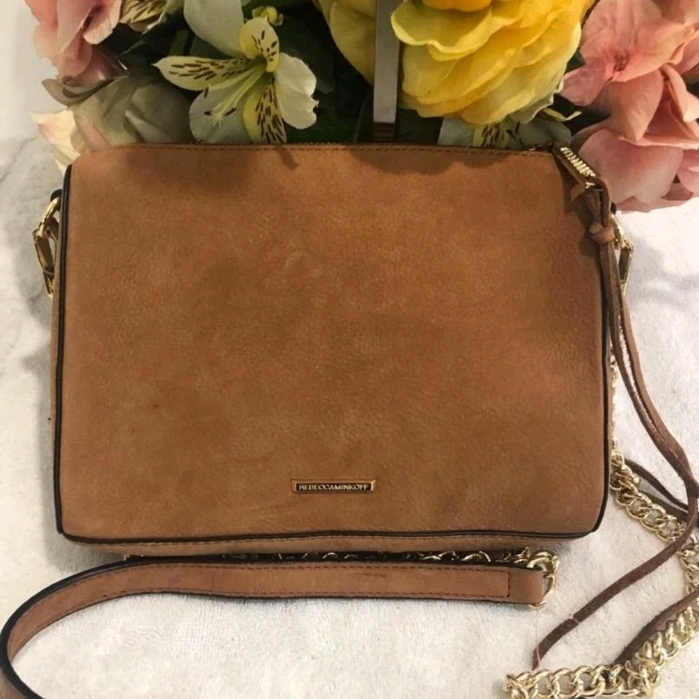 Rebecca Minkoff AVERY Suede Tan Crossbody Bag with Gold Accents